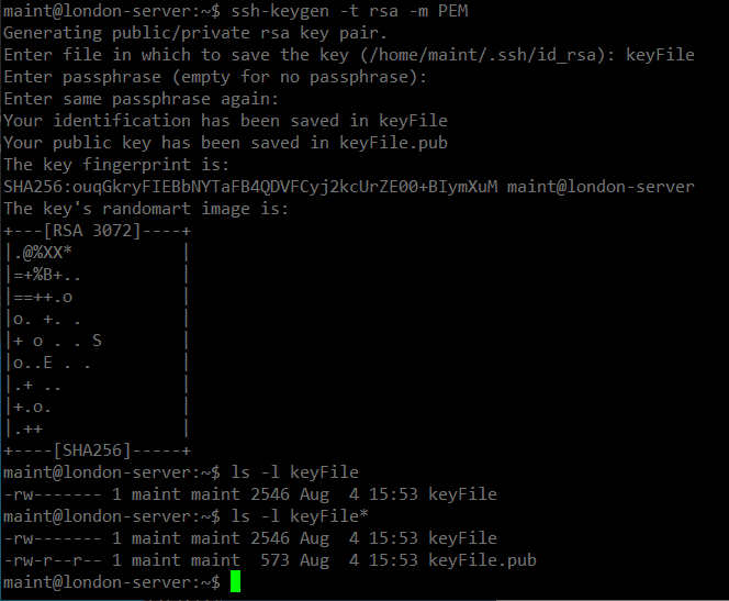Example output code after using the ssh-keygen utility to generate a keypair.