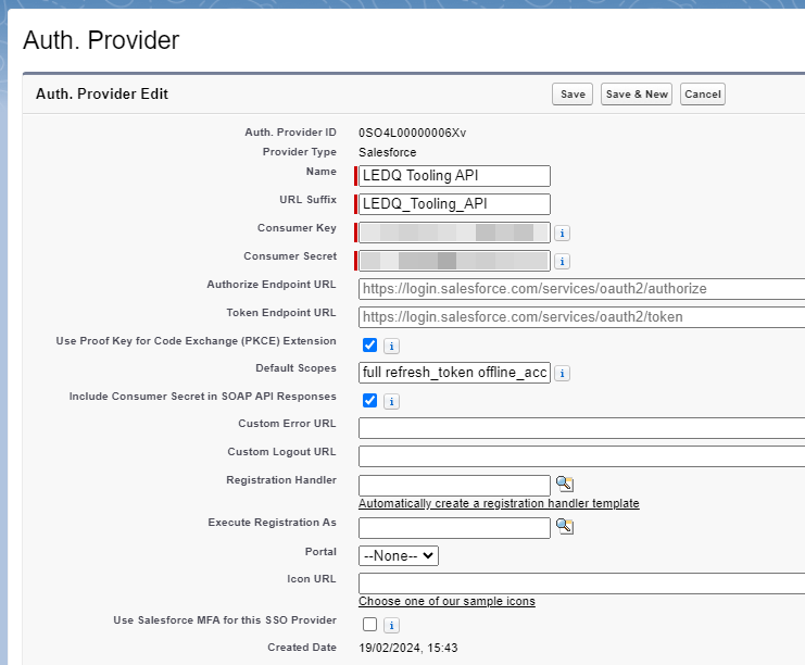 Auth Provider window and fields