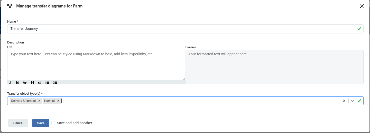 Transfer diagram definition setup modal