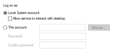 Local system account selected in the Log On tab.