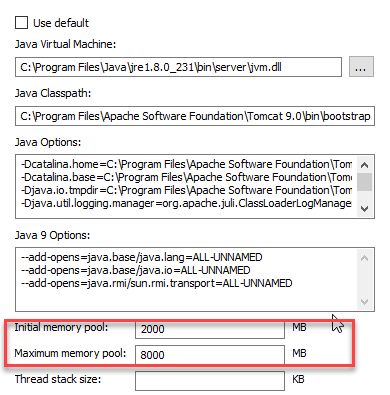 Example memory pool allocation in the Java tab.