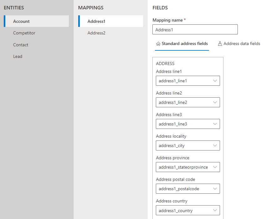 View of Map fields page with standard entities and address mappings