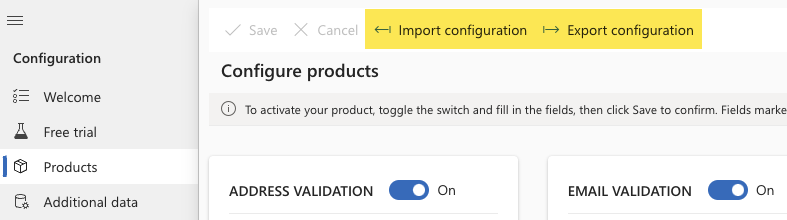 Import/Export configuration menu options