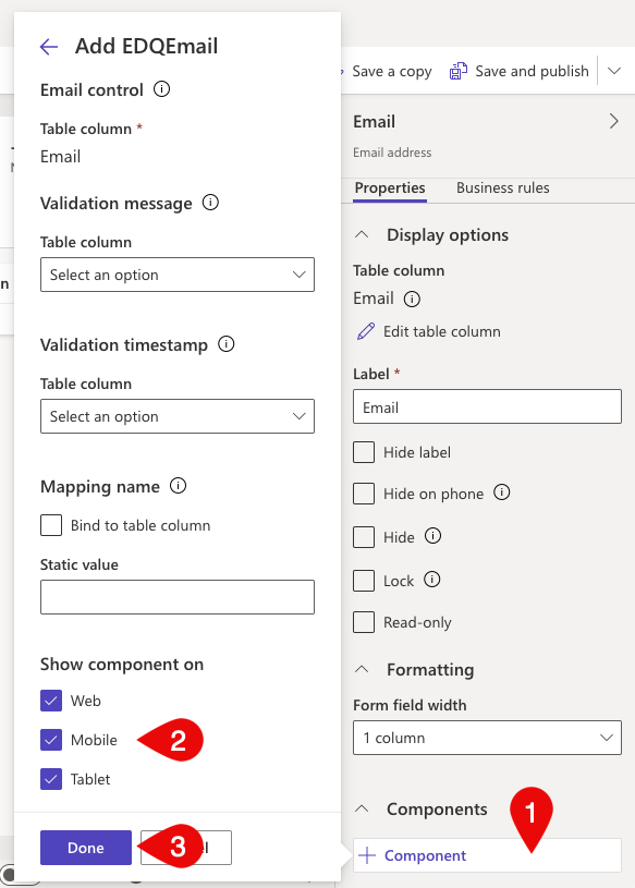 Field properties for an email field