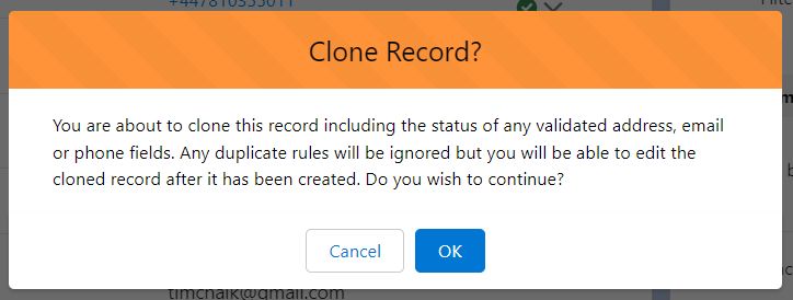 Clone Record confirmation