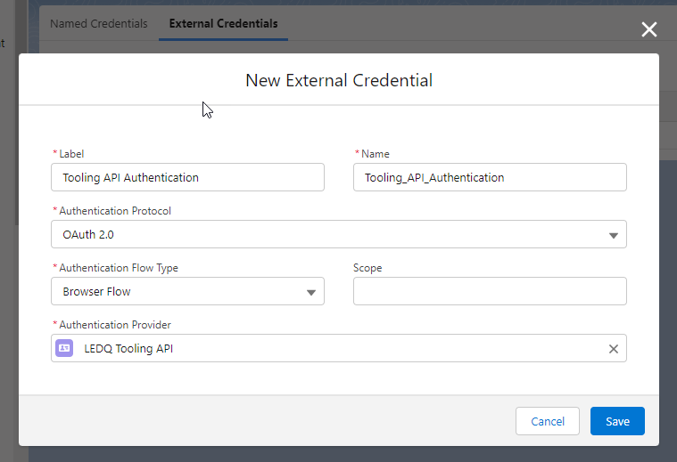 New External Credentials modal