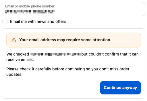 Email address likely invalid with warning message