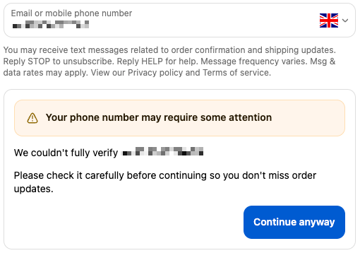Unable to verify phone number with warning message